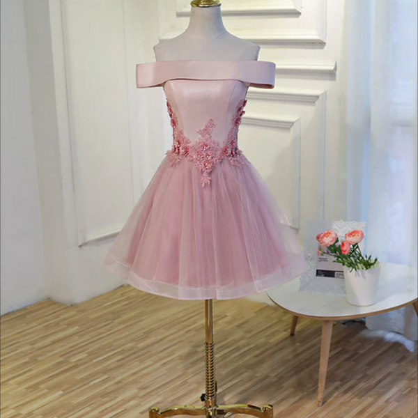 Homecoming Dresses,Pink A Line Off Shoulder Knee Length Prom Dress, Lace Homecoming Dresses