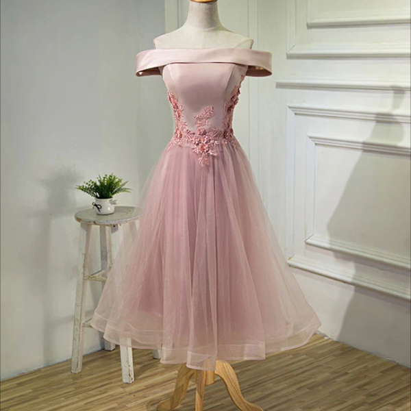 Homecoming Dresses,Pink A Line Off Shoulder Tea Length Prom Dress, Lace Homecoming Dresses