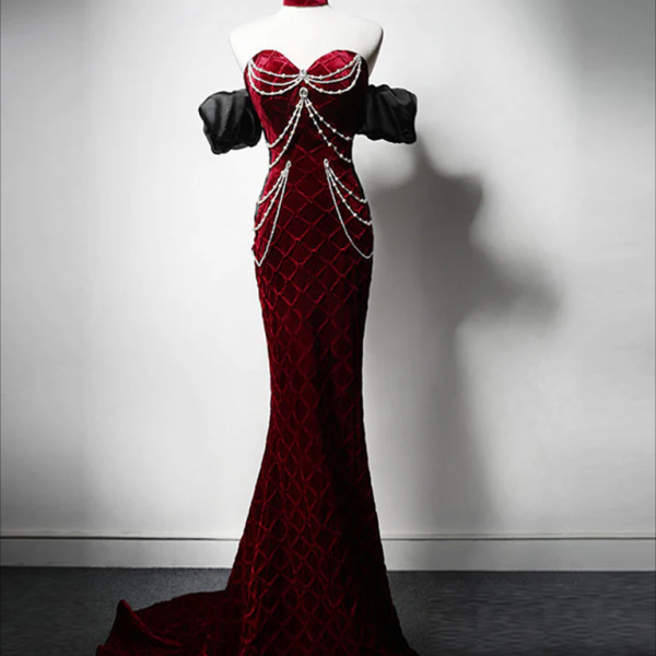 Prom Dress,Mermaid Sweetheart Neck Velvet Burgundy Long Prom Dress with Beads