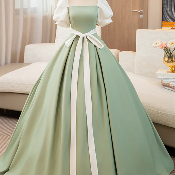 Prom Dress,Puff Sleeves A-line Satin GreenWhite Long Prom Dress, Green Long Formal Dress