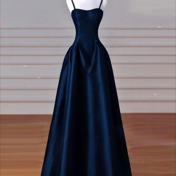 Prom Dress,Simple A-Line Dark Blue Satin Long Prom Dress, Dark Blue Long Formal Dress