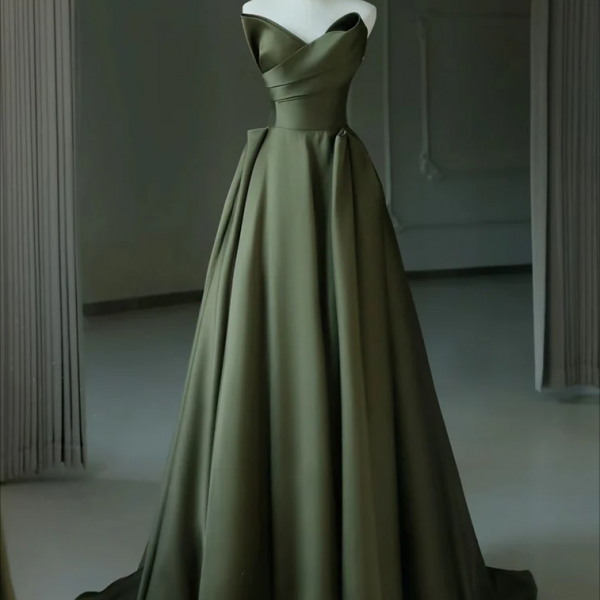 Prom Dress,A-Line V Neck Satin Green Long Prom Dress, Green Long Evening Dress