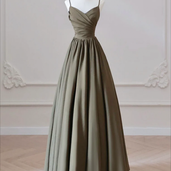 Prom Dress,A-Line V Neck Satin Olive Green Long Prom Dress, Olive Green Long Formal Dress