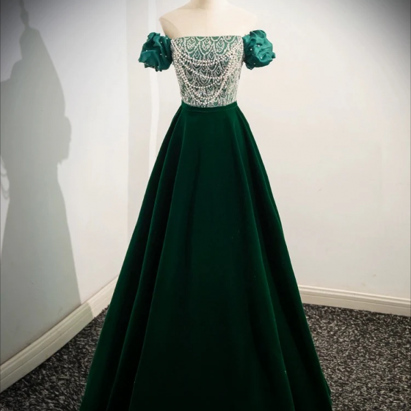 Prom Dress,A-Line Velvet Sequin Beads Green Long Prom Dress, Velvet Green Long Formal Dress