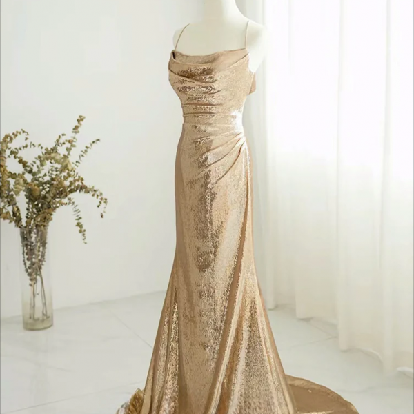 Prom Dress,Champagne Backless Sequin Long Prom Dress, Sequin Champagne Long Evening Dress