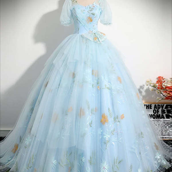 Prom Dress,A-Line V Neck Tulle Lace Blue Long Prom Dress, Blue Lace Long Formal Dress