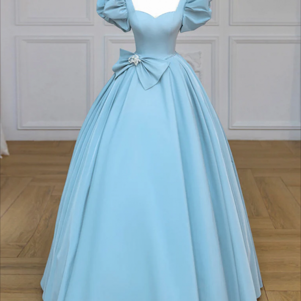 Prom Dress,Blue Satin Puff Sleeves Long Prom Gown, Blue Long Sweet 16 Dress