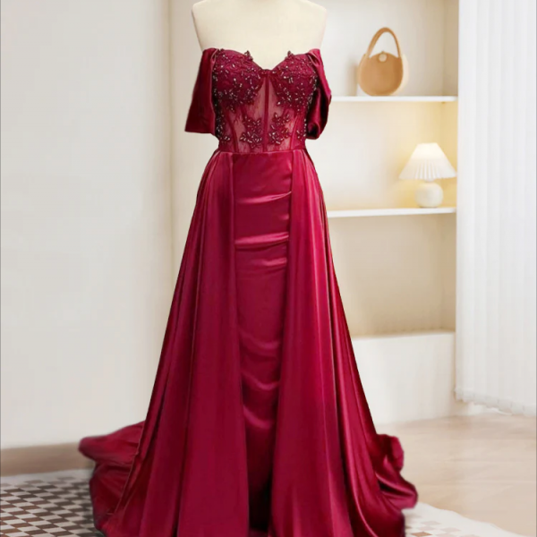 Prom Dress,Burgundy A-Line Off Shoulder Satin Lace Long Prom Dress, Burgundy Long Formal Dress