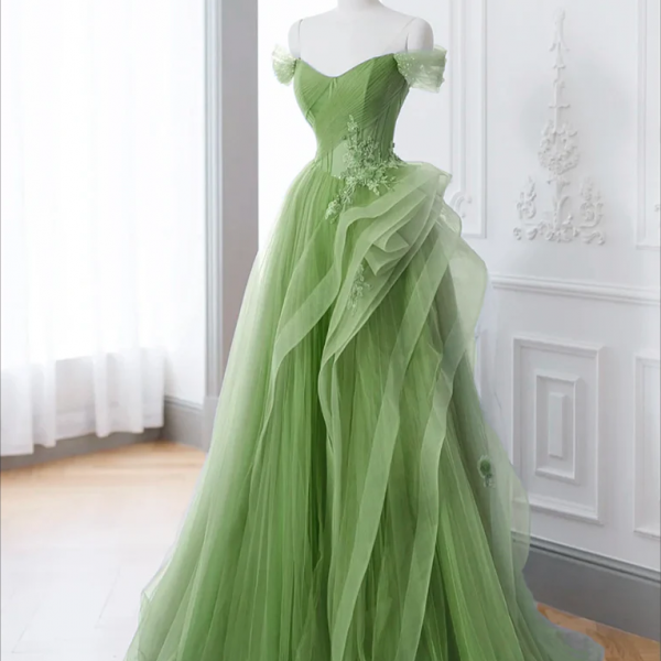 Prom Dress,Green A-Line Off Shoulder Long Prom Dress, Green Lace Long Evening Dress