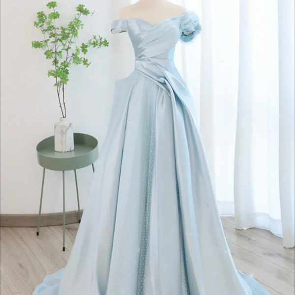 Prom Dress,A-Line Off Shoulder Satin Tulle Blue Long Prom Dress, Blue Long Formal Dress