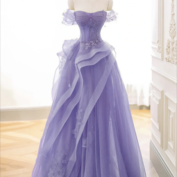 Prom Dress,A-Line Off Shoulder Tulle Lace Purple Long Prom Dress, Purple Lace Long Formal Dress