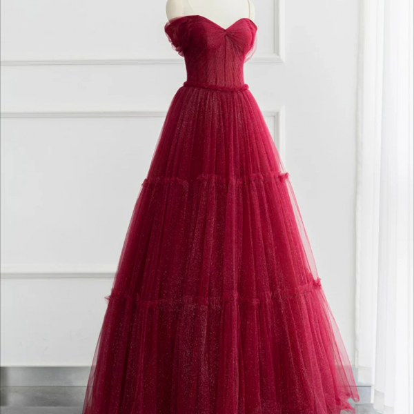 Prom Dress,A-line Off Shoulder Tulle Shiny Burgundy Long Prom Dress, Burgundy Long Formal Dress