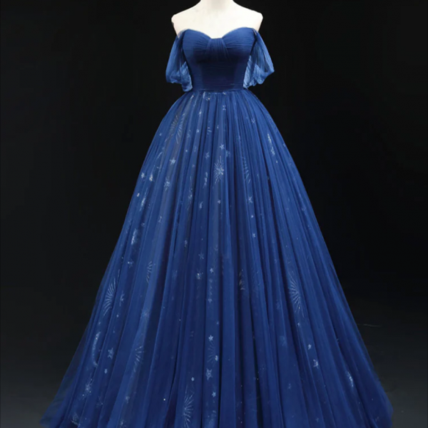 Prom Dress,A-Line Off Shoulder Sweetheart Neck Dark Blue Long Prom Dress, Blue Formal Dress