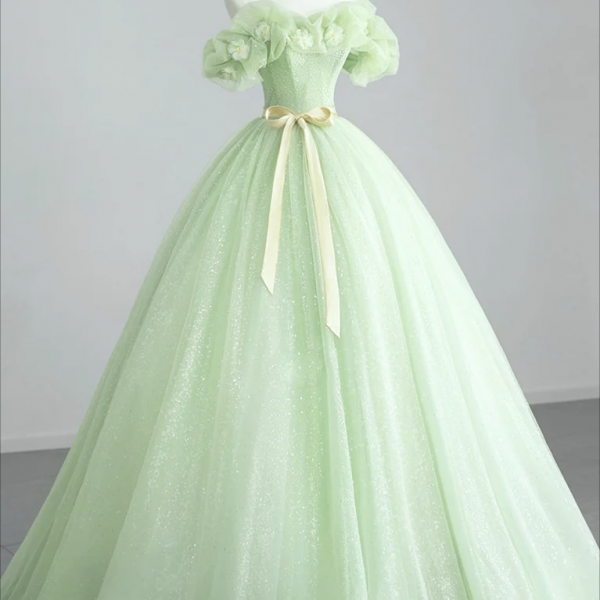 Prom Dress,A-Line Off Shoulder Tulle Green Long Prom Dress, Green Sweet Dress