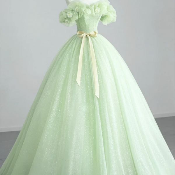 Light Green Off Shoulder Tulle Long Party Dress, A-line Green Prom Dress Formal Dress main image 1