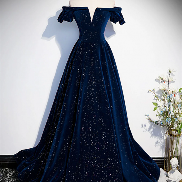 Prom Dress,A-Line Off Shoulder Velvet Dark Blue Long Prom Dress, Dark Blue Long Formal Dress