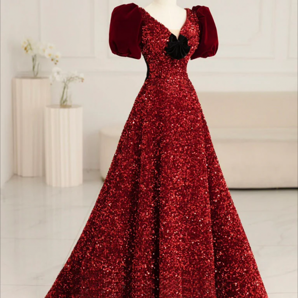 Prom Dress,Burgundy V Neck Sequin Long Prom Dress, Burgundy Evening Dress