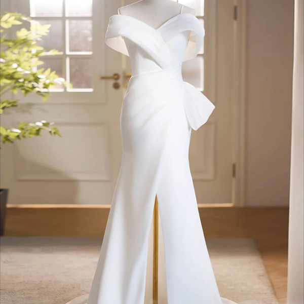 Prom Dress,White Off Shoulder Satin Long Prom Dress, White Formal Dress