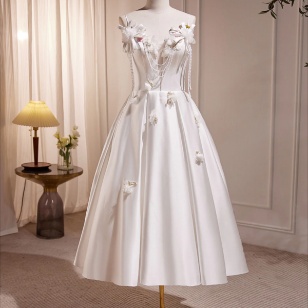Prom Dress,White V Neck Satin Tea Length Prom Dress, White Formal Dress With Beading