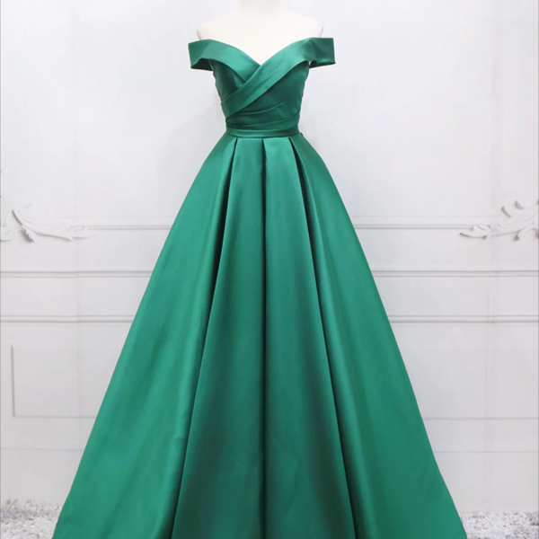 Prom Dress,A-Line Off Shoulder Green Satin Long Prom Dresses, Green Evening Dresses
