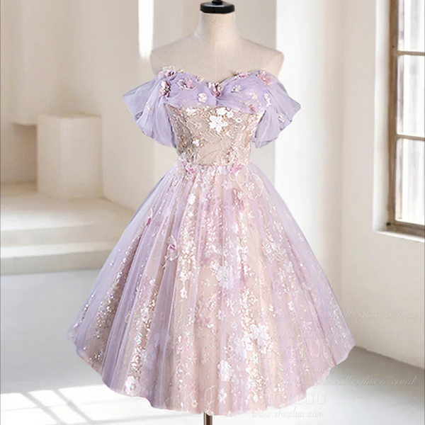 Homecoming Dresses,A-Line Off Shoulder Tulle Lace Purple Short Prom Dress, Cute Purple Homecoming Dress