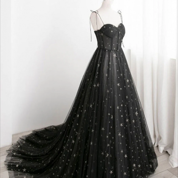 Black Tulle Long A-Line Prom Dresses, Black Star Evening Dresses main image 0