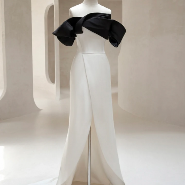 Simple Off Shoulder Satin ivory Long Prom Dress, ivory Long Formal Dress