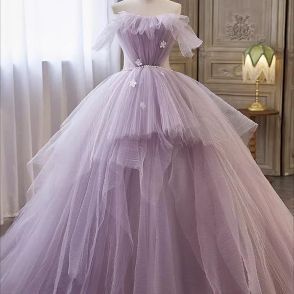 Dreamy Purple A-line One-shoulder V-neck Tulle Long Prom Dress Evening Dress cc4738