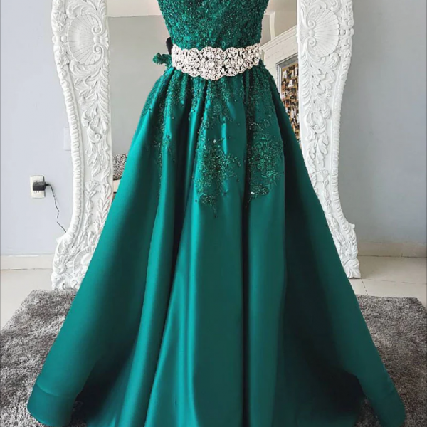 Dark Green Formal Dresses Elegant A Line Off The Shoulder Long Satin Formal Dress With Slit