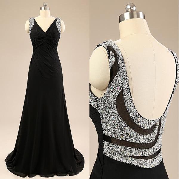 Elegant Black Long Chiffon Evening Dresses, A-Line V-Neck Backless ...