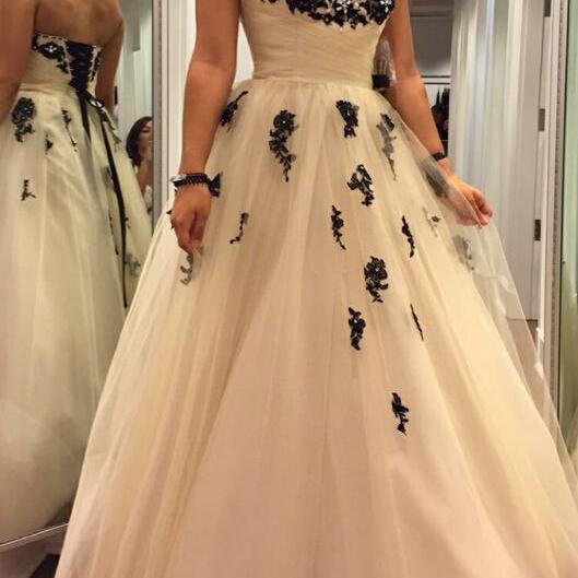 Sweetheart Applique Long Prom Dress, Women Ball Gowns, Tulle Formal Dresses