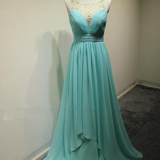 Elegant Blue Chiffon Sweep Train A-line Prom Dress, With Crystals ...