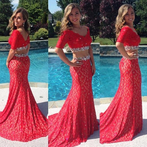 Two Piece Beading Lace Prom Dress Red Party Dresses