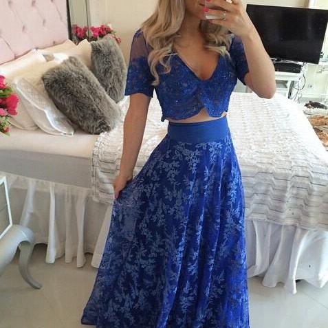 Royal Blue Appliques Deep V Neck Lace-Up A-line Tulle Long Prom Dress