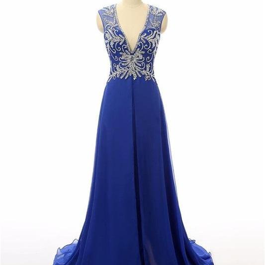 A Line Floor Length Royal Blue Prom Dress with Beadings LBQ0125