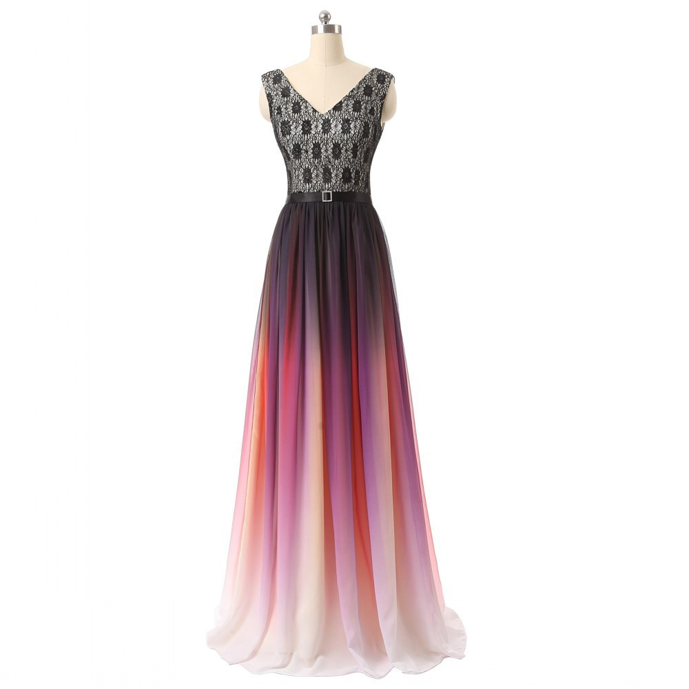 V-Neck Long Sleeves Lace Top Chiffon Pleated Dress Plum