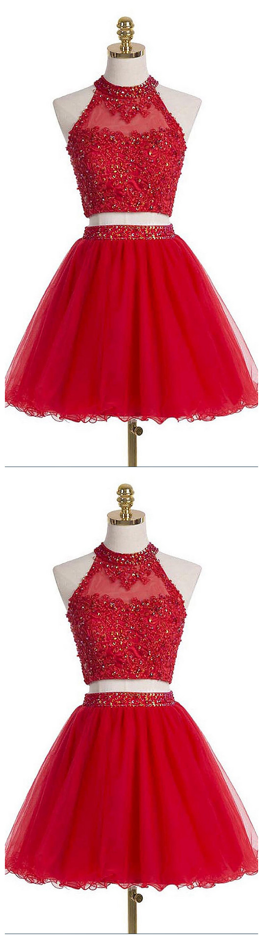 Cute Scoop Neck Red Sequins Lace Homecoming Dresses with Cross Back AB090604