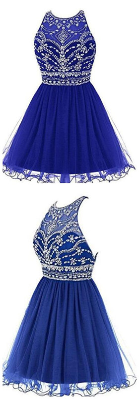 Royal Blue Short Homecoming Party Dresses Beaded Crystals Mini Real ...