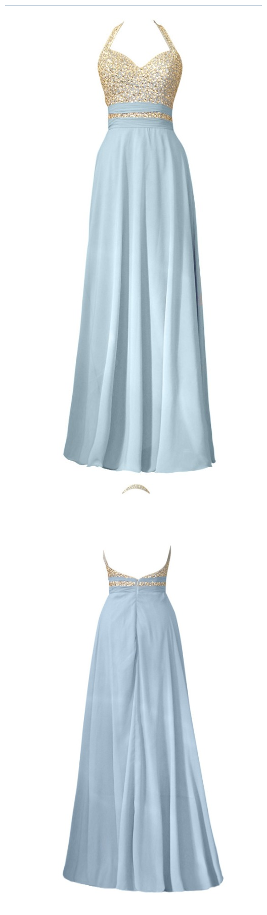 Elegant Blue Irregular Deep V Halter Beaded Chiffon Prom Dress Evening Dress cc5294
