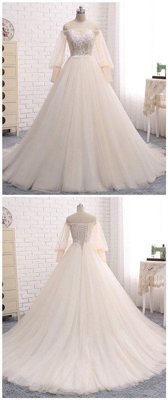 Wedding Dress, Appliqued Floral Long Sleeve Lace Bridal Gowns Vestido ...