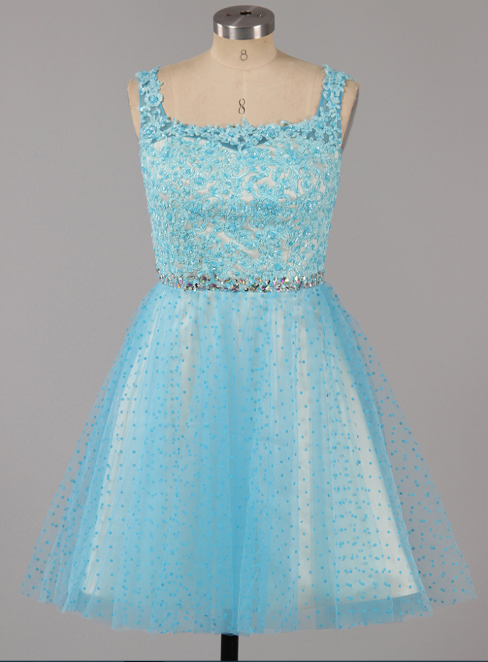 Ice Blue Square Neck Homecoming Dress With Beaded Belt, Princess Low ...