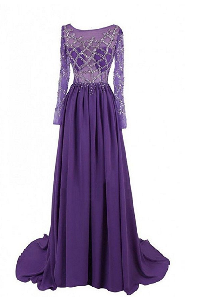 Sexy Sheer Beading Prom Dress For Women Evening Formal With Sleeves on ...