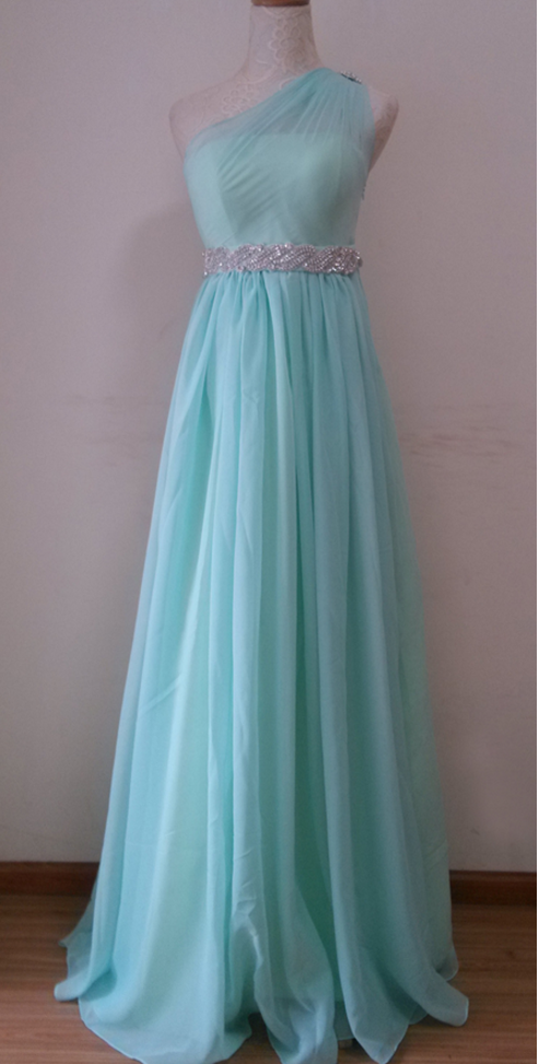 One Shoulder Beaded Chiffon Gradient Long Party Dress, Blue Formal Dress, Prom Dress