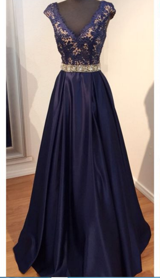 Glamorous Prom Dress,Navy Blue Prom Dress,Lace Prom Dress,Beaded Prom ...