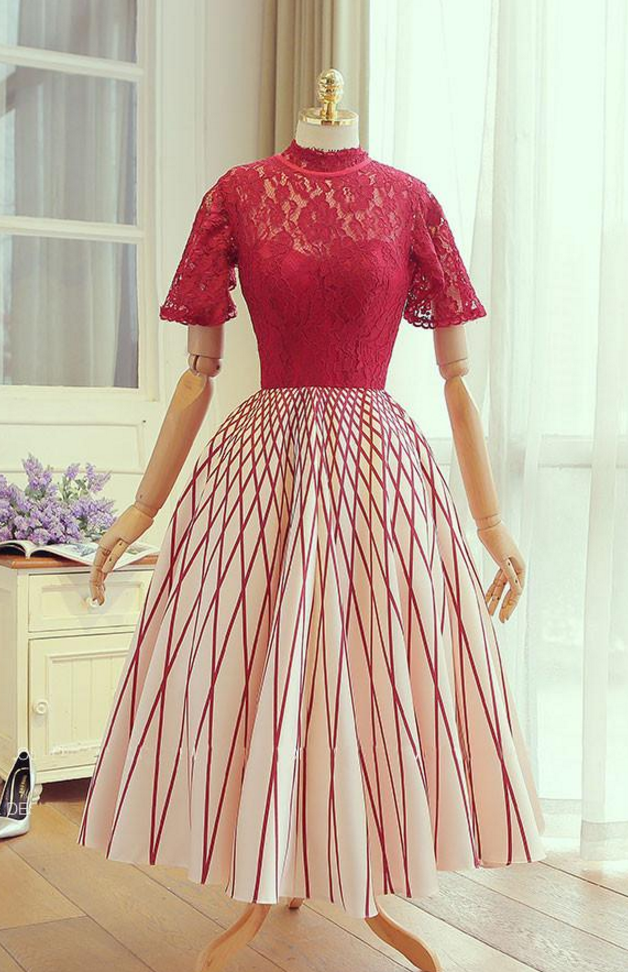 Unique Red Lace Tea Length Prom Dress Red Lace Evening Dress On Luulla
