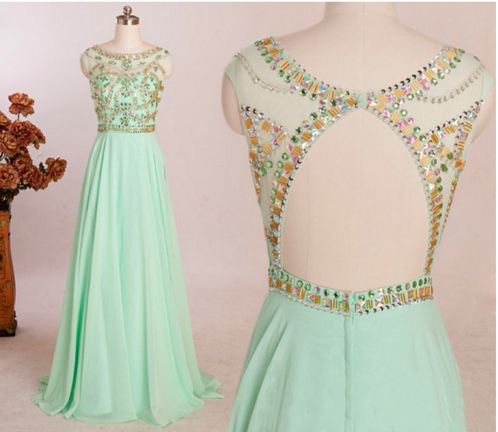 Mint Prom Dresses,backless Prom Dress,beading Prom Dress,open Back Prom