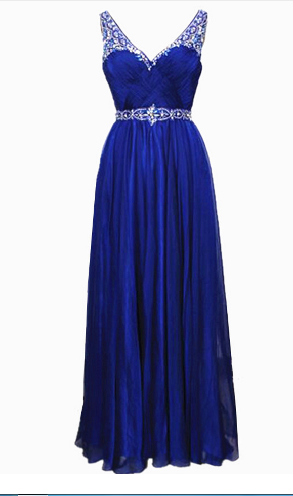 Royal Blue Prom Dresses Rhinestone Beaded Chiffon Prom Gowns Strapless ...