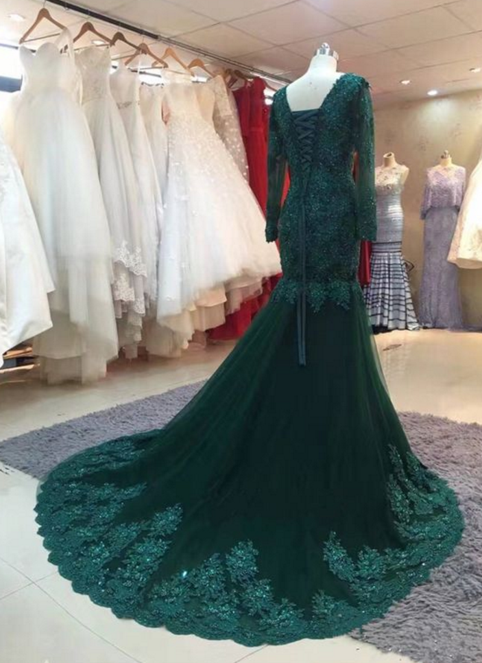 Dark Green Lace Mermaid Prom Dress,long Sleeves Prom Dress,emerald