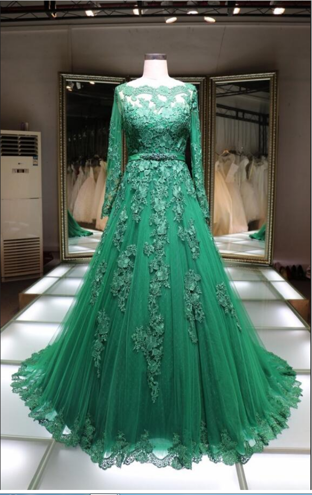 Sexy Green Lace Prom Dress,lace Long Sleeve Prom Dresses ,long Formal ...