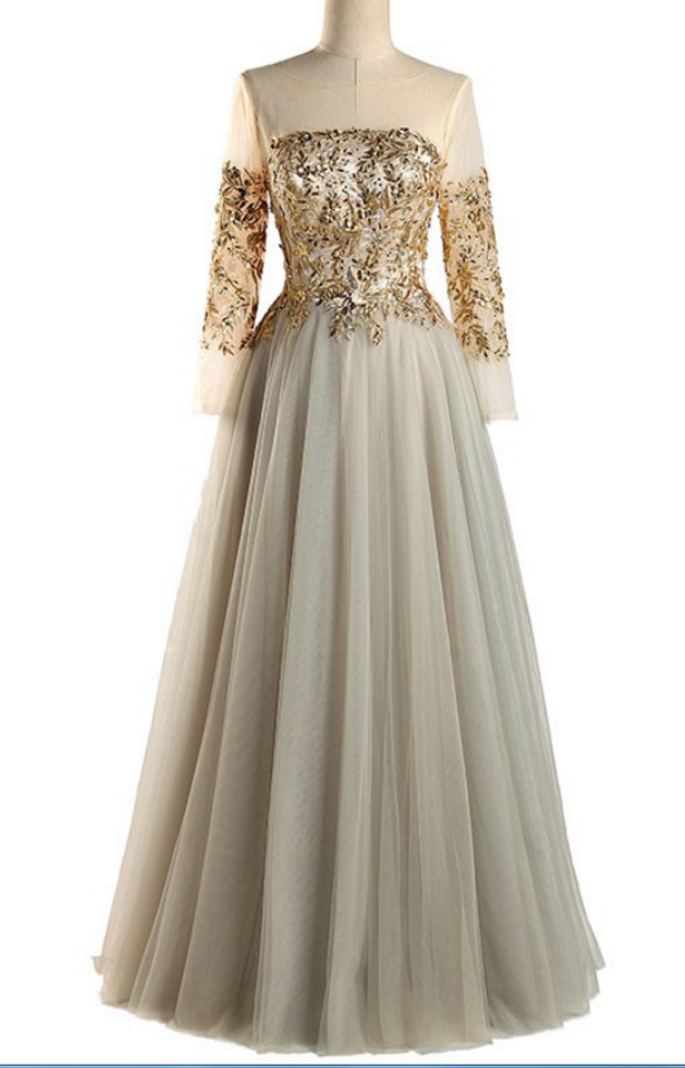 Gold Appliques Evening Dress Tulle Beaded Long Sleeve Prom Gown on Luulla